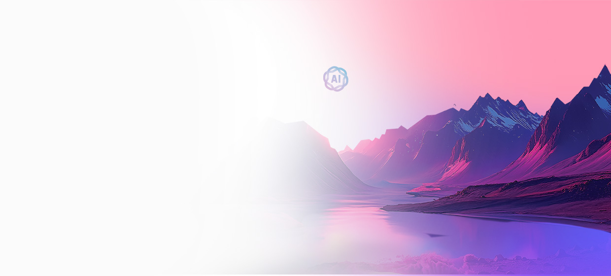 A serene landscape featuring mountains and a reflective body of water, with a gradient sky transitioning from pink to purple.