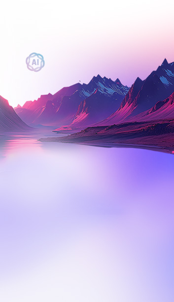 A serene landscape featuring purple and pink mountains reflected in calm water, creating a dreamy atmosphere.